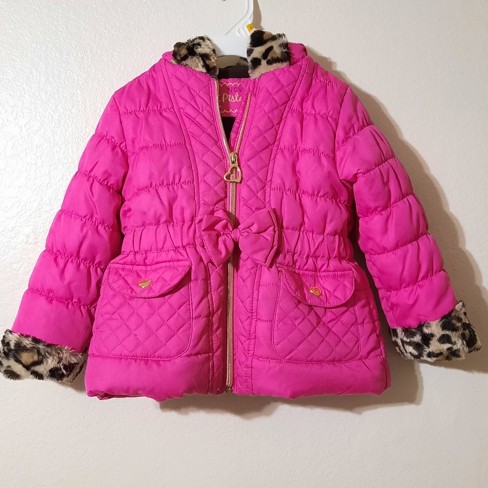 Girls pink and leopard puffer coat